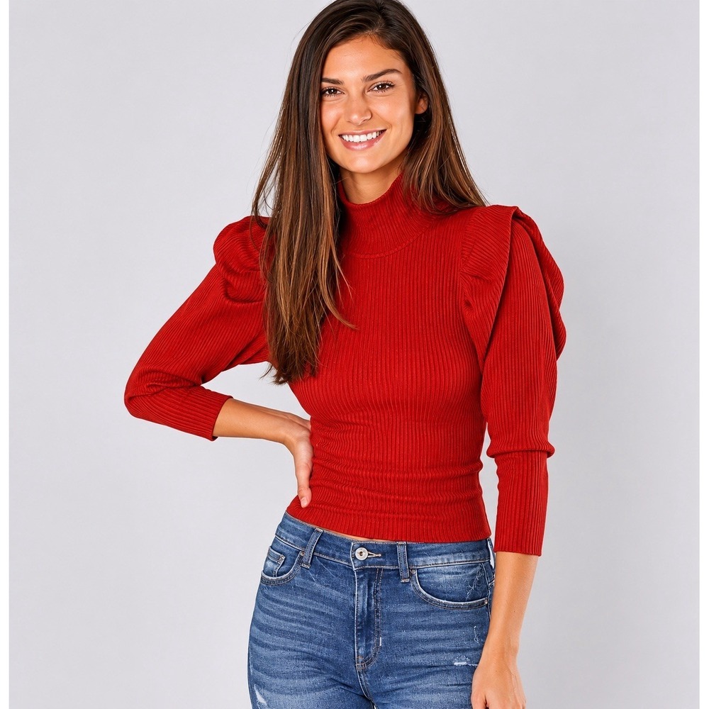 Free People Red Ribbed Mock Neck Puff Sleeve Knit Top Romantic Coquette Boho‎ M